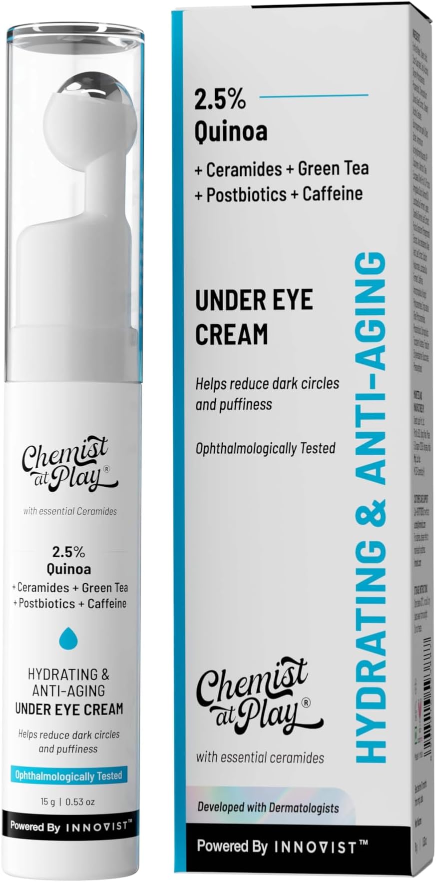 Chemist at Play Under Eye Cream with 2% Revital Eye & Quinoa Extract|Reducing Dark Circles, Puffiness, Wrinkles, Crows Feet|Plant-Based Ceramides|100% Vegan|Cooling Gel & Roller for Men & Women|15g
