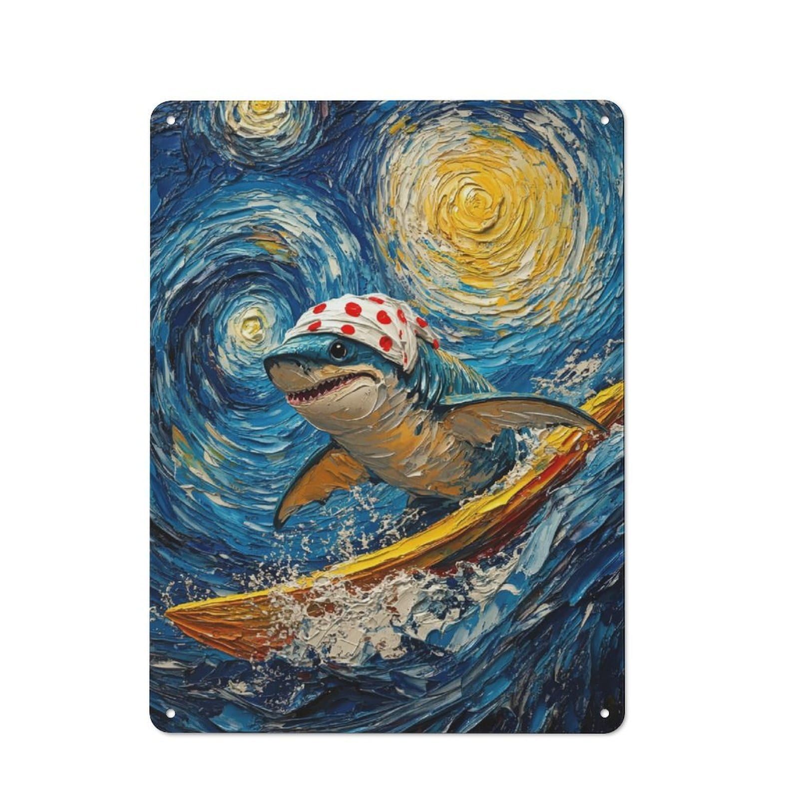Junmoney Shark Surfing Starry Night Creative Metal Wall Decor 40X30cm, Metal Desk Wall Sign For Hobby Room, Office, Lounge Or Living Room