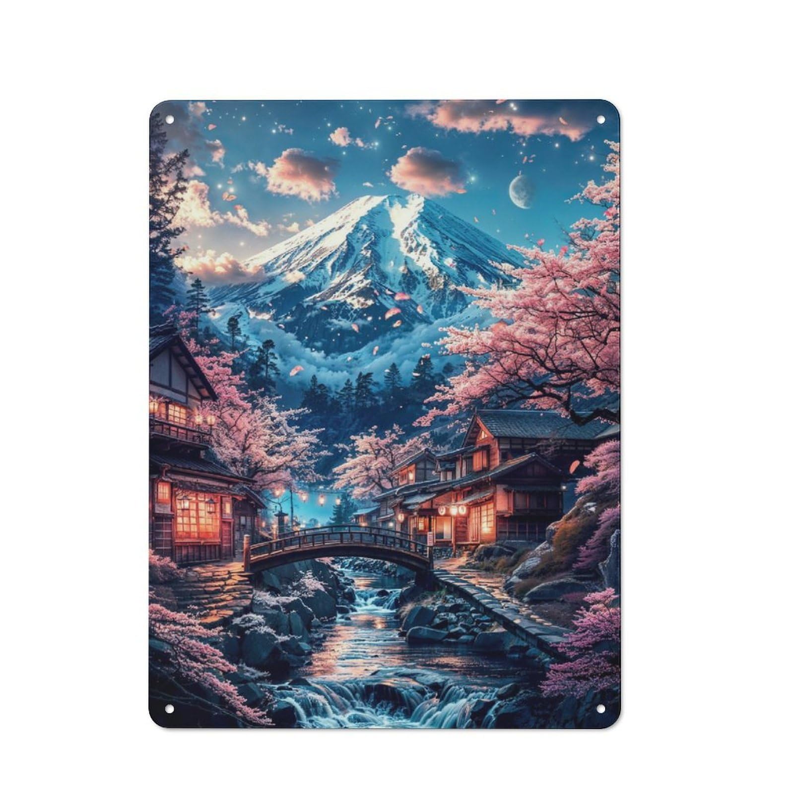 Junmoney Japanese Mount Fuji View Printed Metal Sign 40X30cm For Living Room Or Hallway, Suited To Hallway Decor Fans