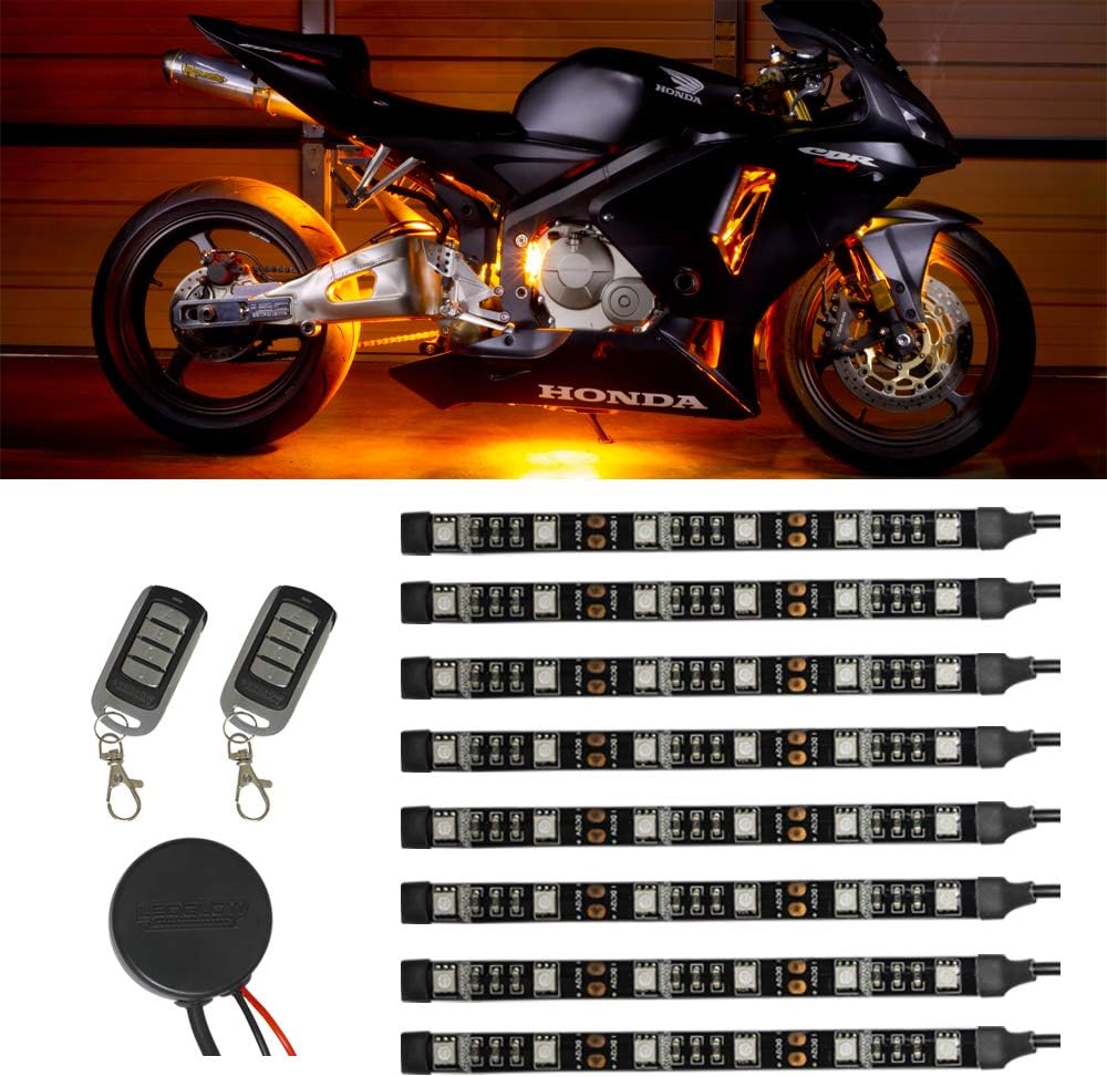 LEDGlow 8pc Advanced Orange LED Motorcycle Accent Neon Underglow Lighting Kit - 4 Patterns - 4 Brightness Levels - 6" Flexible Light Strips - Includes Waterproof Control Box & 2 Wireless Remotes