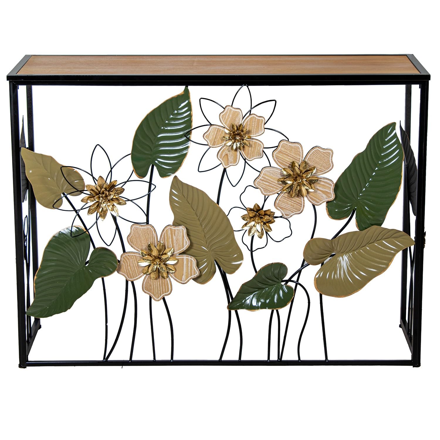 DRW Mesa de entrada consola recibidor de Metal y Madera con Flores tonos Tierra y Verdes 37x108x80 cm