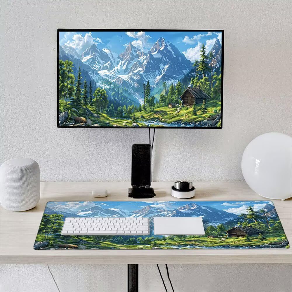 Podkładka pod mysz dla graczy, 2000 x 1000 mm XXL podkładka pod mysz do gier duża, zmywalna klawiatura biurowa mata antypoślizgowa gumowa wodoodporna zszyte krawędzie, gracz PC, drewniany dom w górach