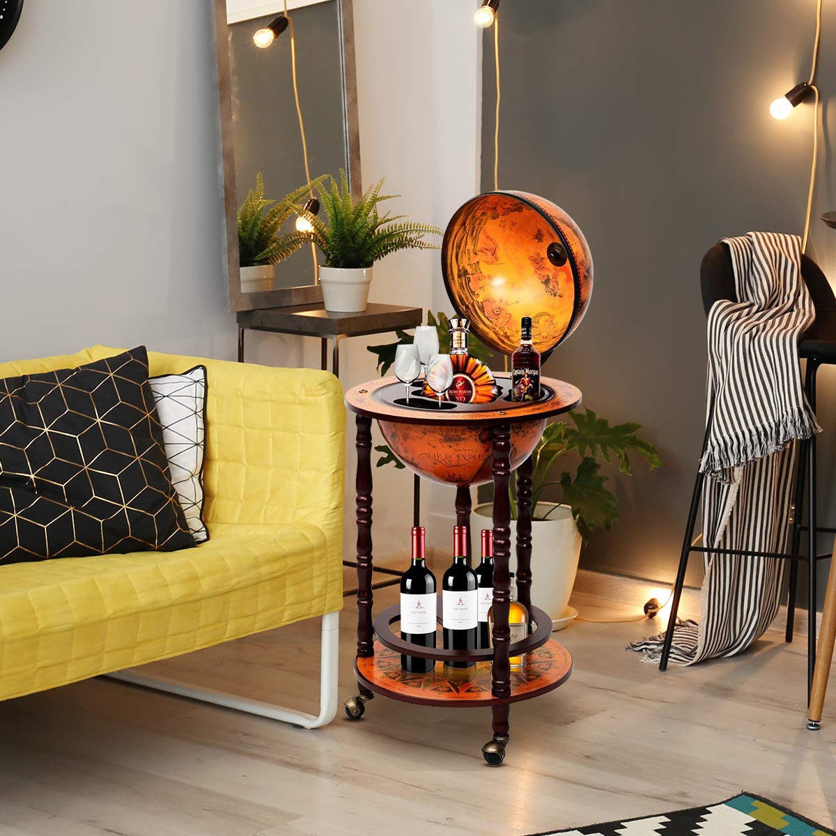 RELAX4LIFE Globusbar mit Rollen, Minibar Massivholz, Weinregal Flaschenregal mit Bodenplatte, Barwagen Weltkugel, Hausbar, Globus Bar, Weinschrank, Tisch Bar, Cocktailbar (Braun, Ø45 x 88 cm)