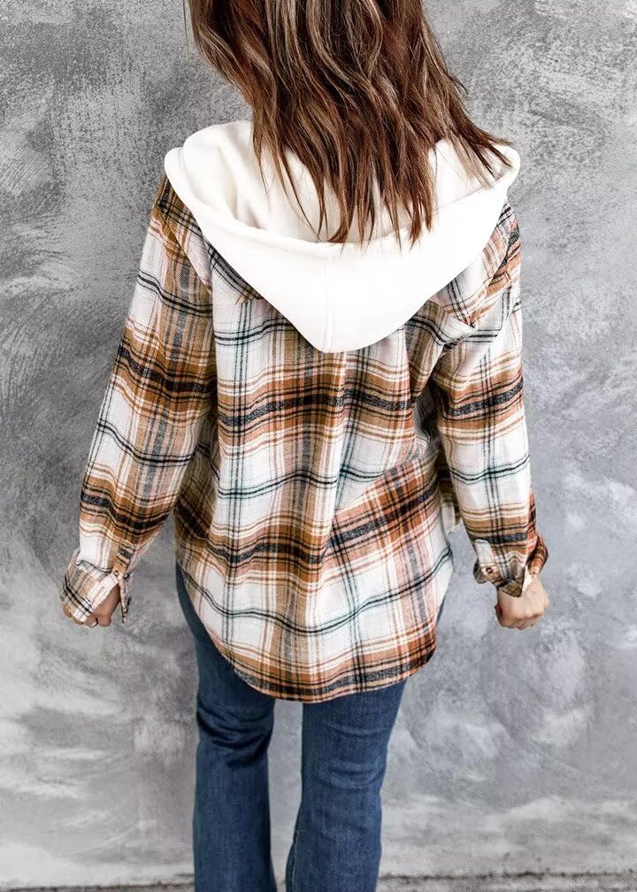 LACOZY Womens Flannel Checked Shirts Hoodies Long Sleeve Oversized Buffalo Plaid Sweatshirt Button Down Jacket Sweater