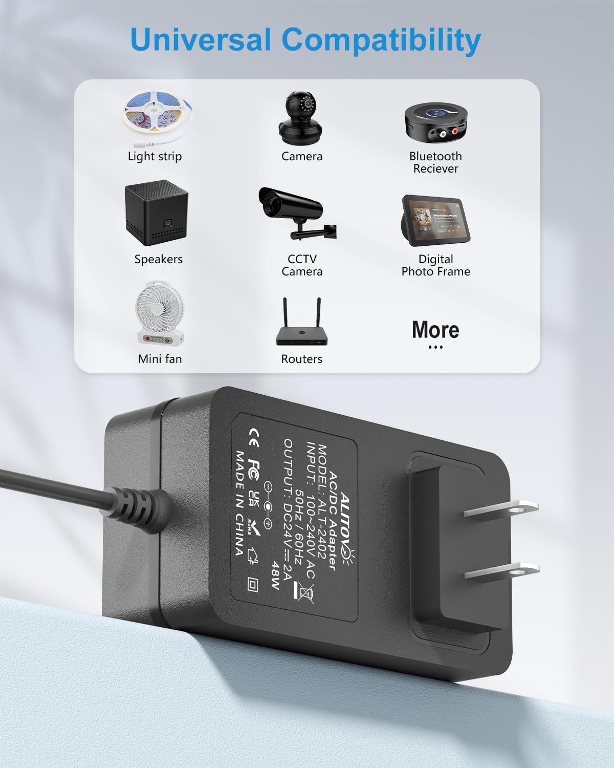 ALITOVE 24 Volt Power Supply 2A 48W 24V Transformer Power Cord AC to DC Adapter 100-240V to 24V 2 Amp 1500mA 1A Converter 5.5x2.5mm for LED Strip Light CCTV Camera DC Pump, 6.2FT
