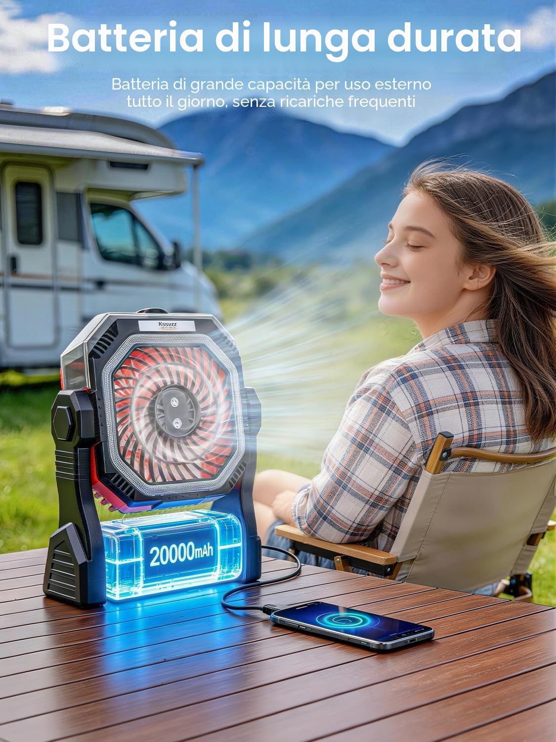 Ventilatore da campeggio con Nebulizzatore, Ricaricabile USB Ventilatore | 20000mAh Ventilatore da Tavolo 4 Velocità 270° Regolabile con Timer e LED Alimentato a batteria per Viaggi, Picnic, Pesca