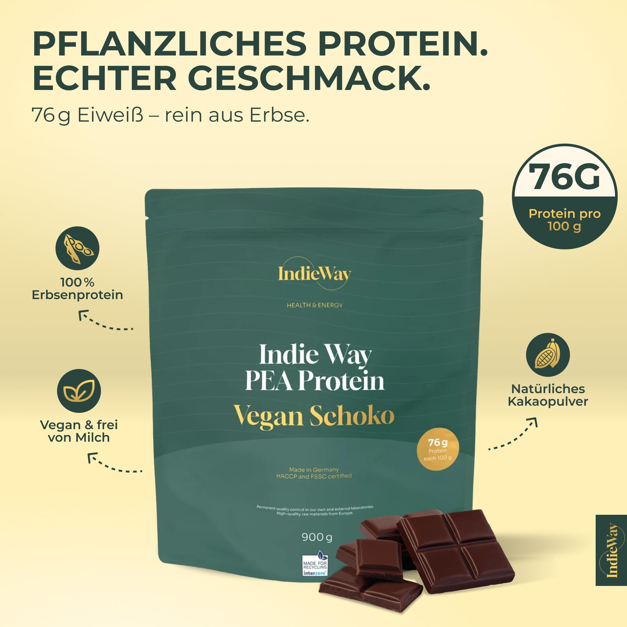 Protéine de pois chocolat 900 g – Poudre de protéines végétaliennes au goût chocolat – 76 g de protéines pour 100 g – Poudre de protéines pour shakes protéinés