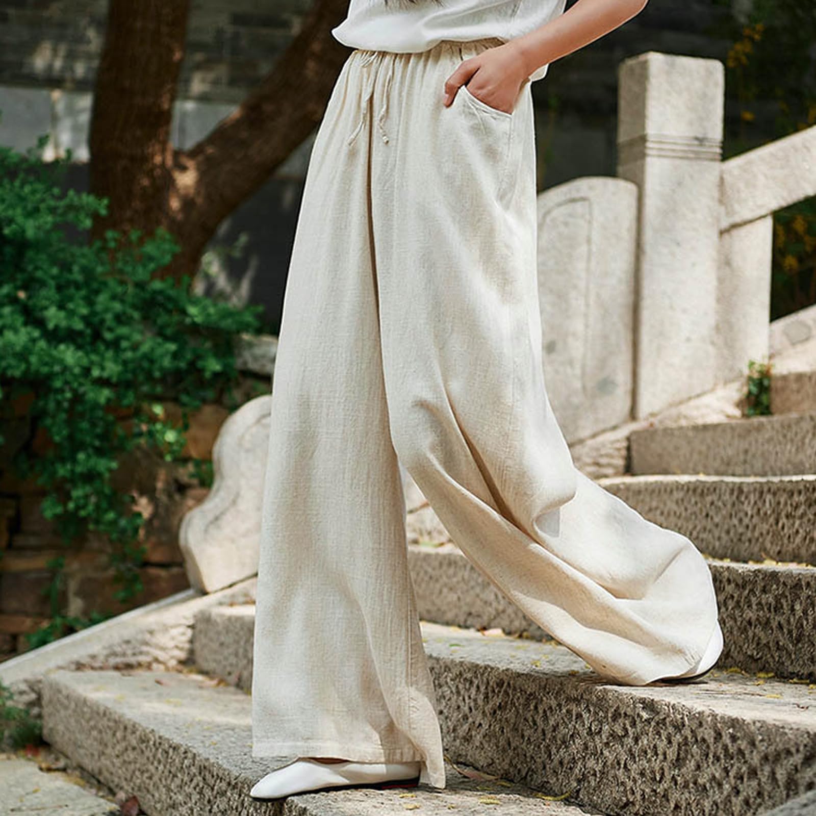 Pantalon Large pour Femme, Pantalon Palazzo Fluide en Mélange Coton-Lin avec Poches, Taille élastique à Cordon de Serrage, Style Décontracté pour la Plage