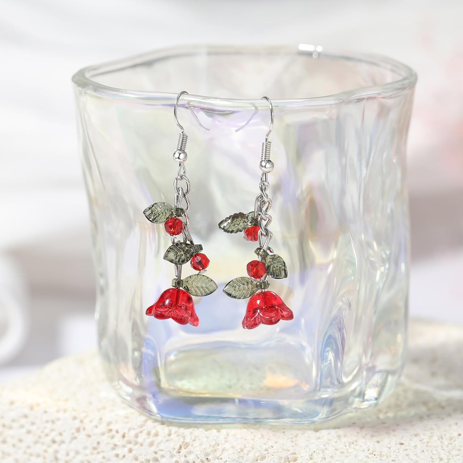 Pink Flower Dangle Earrings for Women - Cute Pearl Leaf Sakura Earrings Fairy Statement Jewelry for Summer Holidays & Special Occasions - Image 2