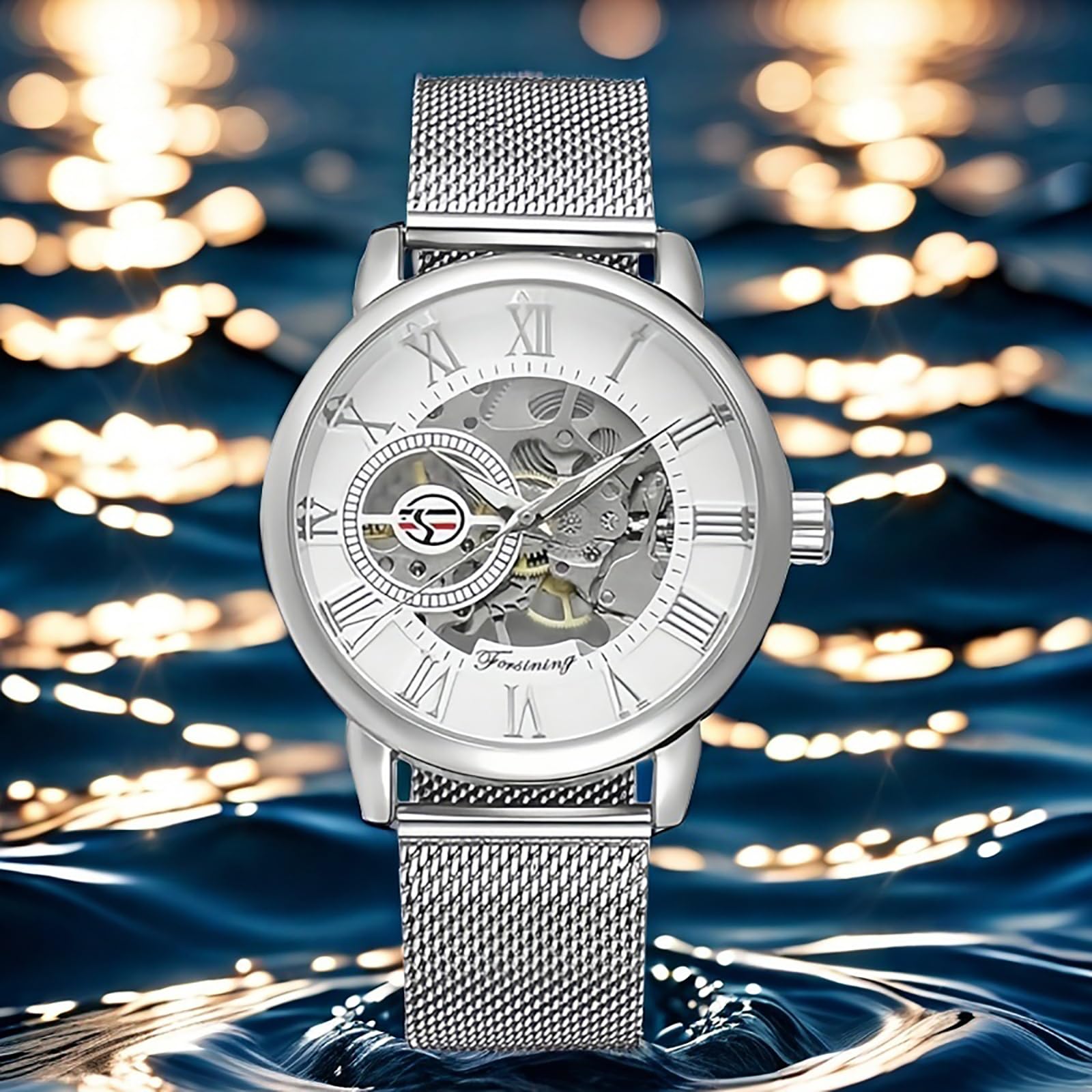 Gosasa Reloj automático único para hombre, esfera transparente, esqueleto hueco, tono plateado, correa de malla, plateado, Reloj automático