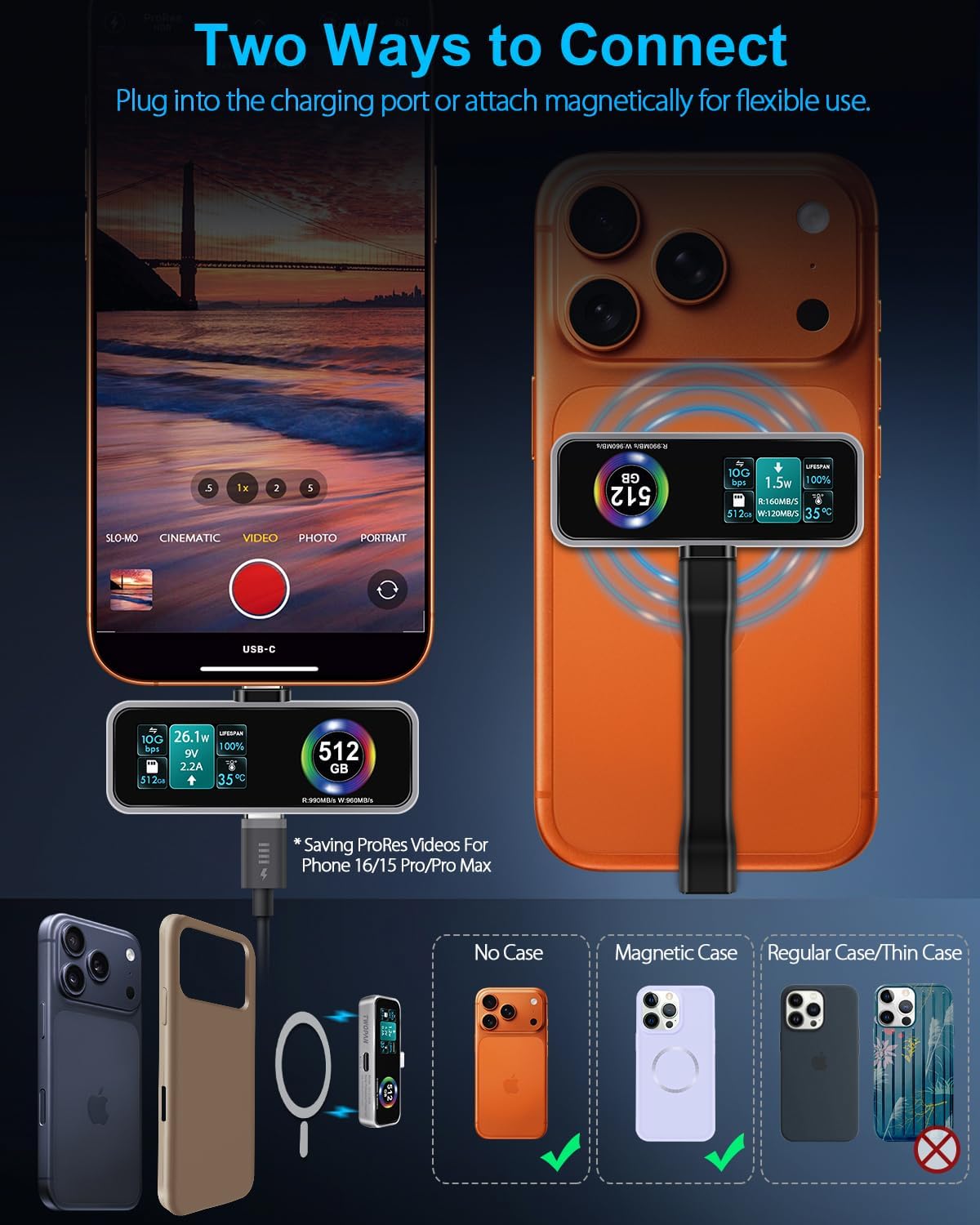 Magnetic Portable iPhone SSD for ProRes 4K 60fps Video Recording, 512GB External Storage for iPhone 17/16 Pro/Pro Max/iMac/MacBook, LCD Display, USB-C PD 3.0 Port, Built-in Cooling Fan - Image 4