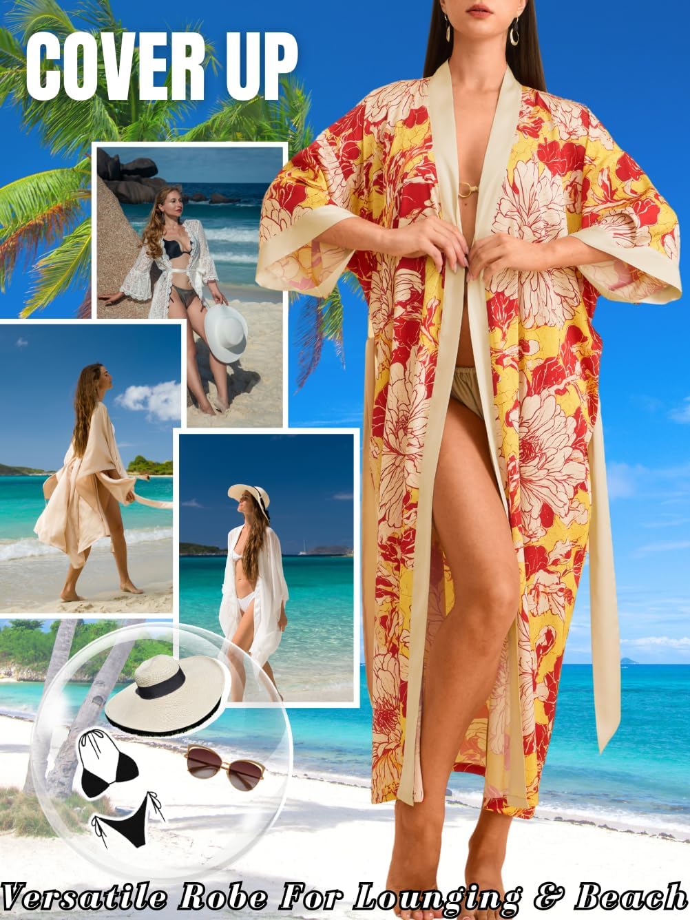 Women's Fancy Print Satin Kimono Robe, Soft Silky Lightweight, Long Wedding Bridesmaid Robes Fits Sizes 0-12 - Image 7