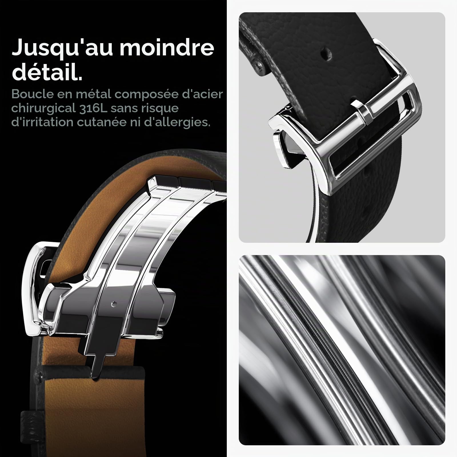 Spigen Enzo Bracelet en Cuir véritable Compatible avec Samsung Galaxy Watch 7 44/40mm, FE 40mm, 6/5/4 44/40mm, Classic 6 47/43mm, 5 Pro 45mm, 4 Classic 46/42mm, 3 41mm, Active 1&2 Bracelet - Noir