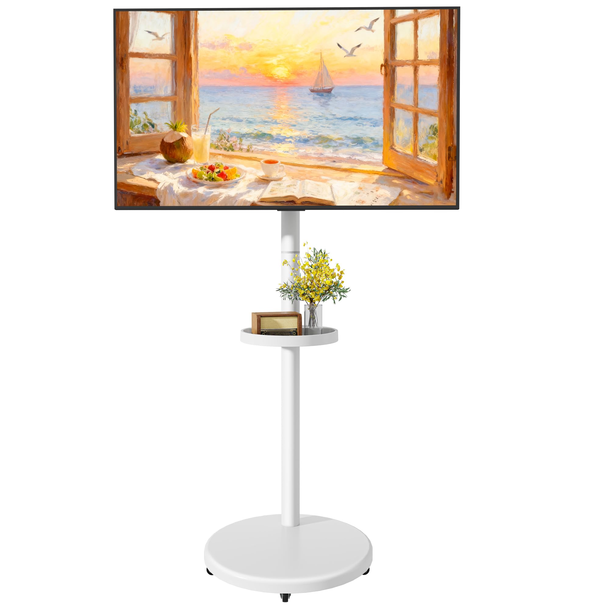 Height Adjustable Rolling TV Stand for 13-43 Inch TV up to 33 Pounds, Portrait to Landscape, Mobile TV Cart with Adjustable Storage Box and Shelf Max VESA 200x200mm, White