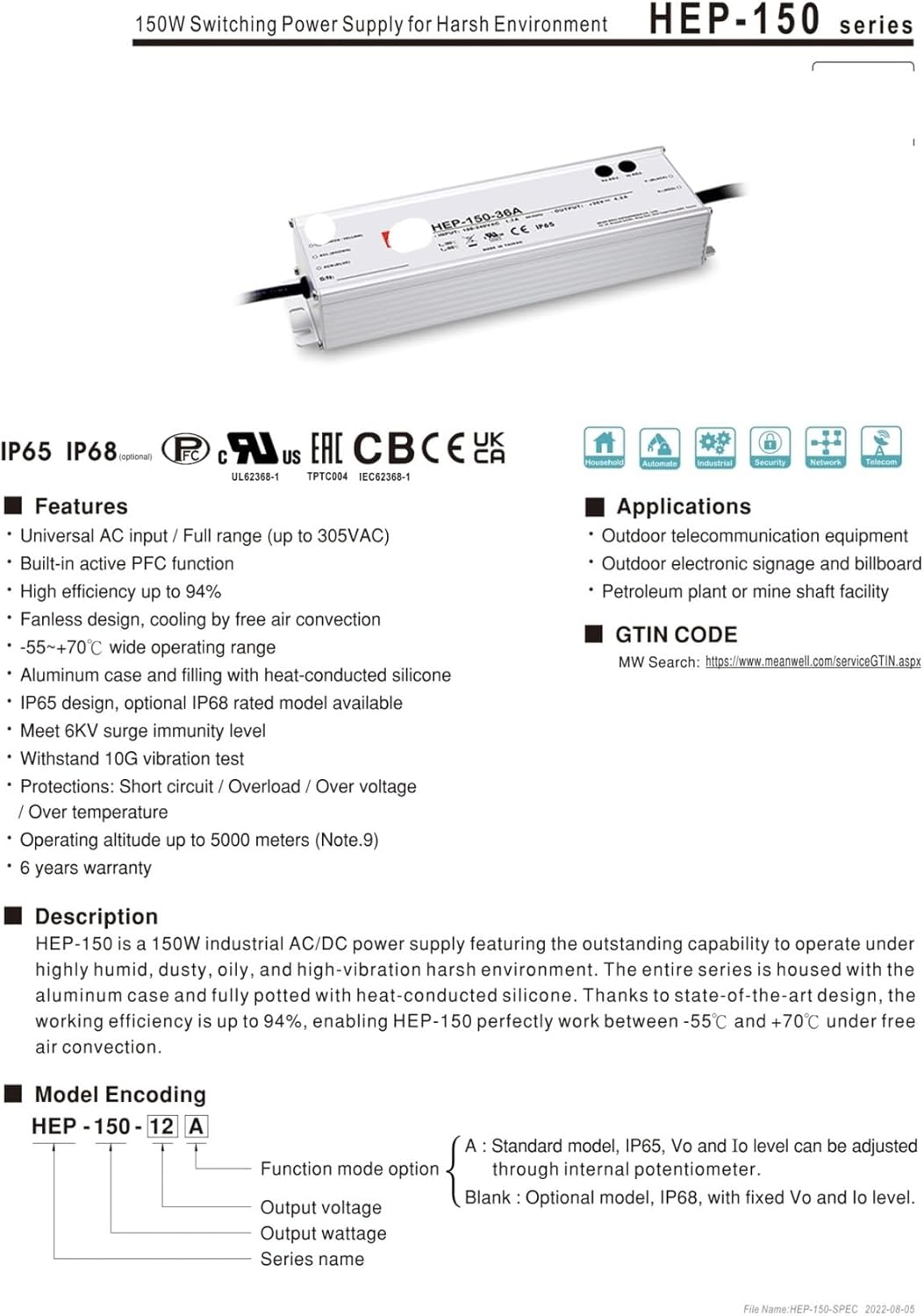 HEP-150-12A/HEP-150-24A 15A/36A/48A/54A150Wスイッチング電源 HEP-150-12A HE