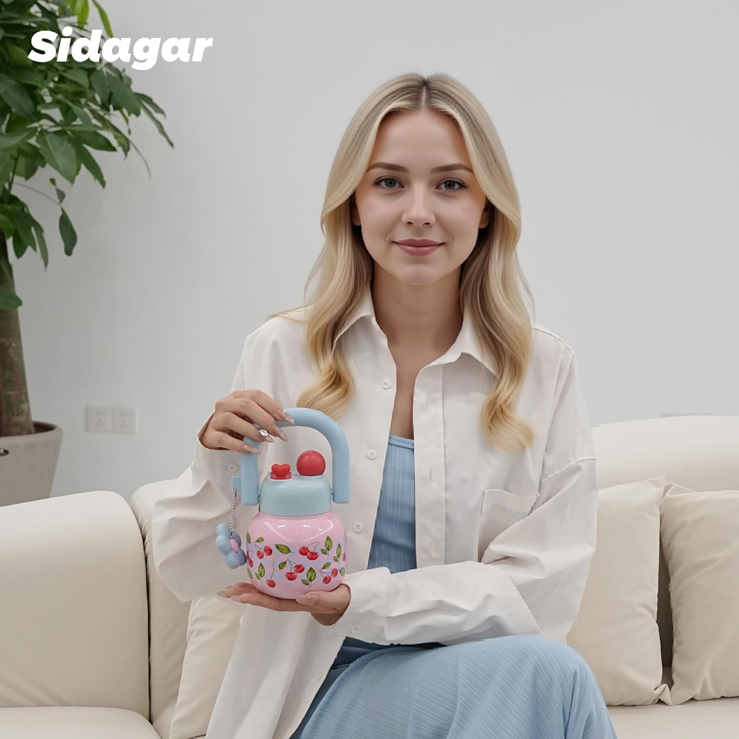 22 oz Tumbler with Straw and Carry Handle, Wide Mouth Insulated Stainless Steel Travel Water Bottle, Aesthetic Gingham Pink & Blue Water Flask for School, Vintage Cottagecore Gift for Girls - Image 4