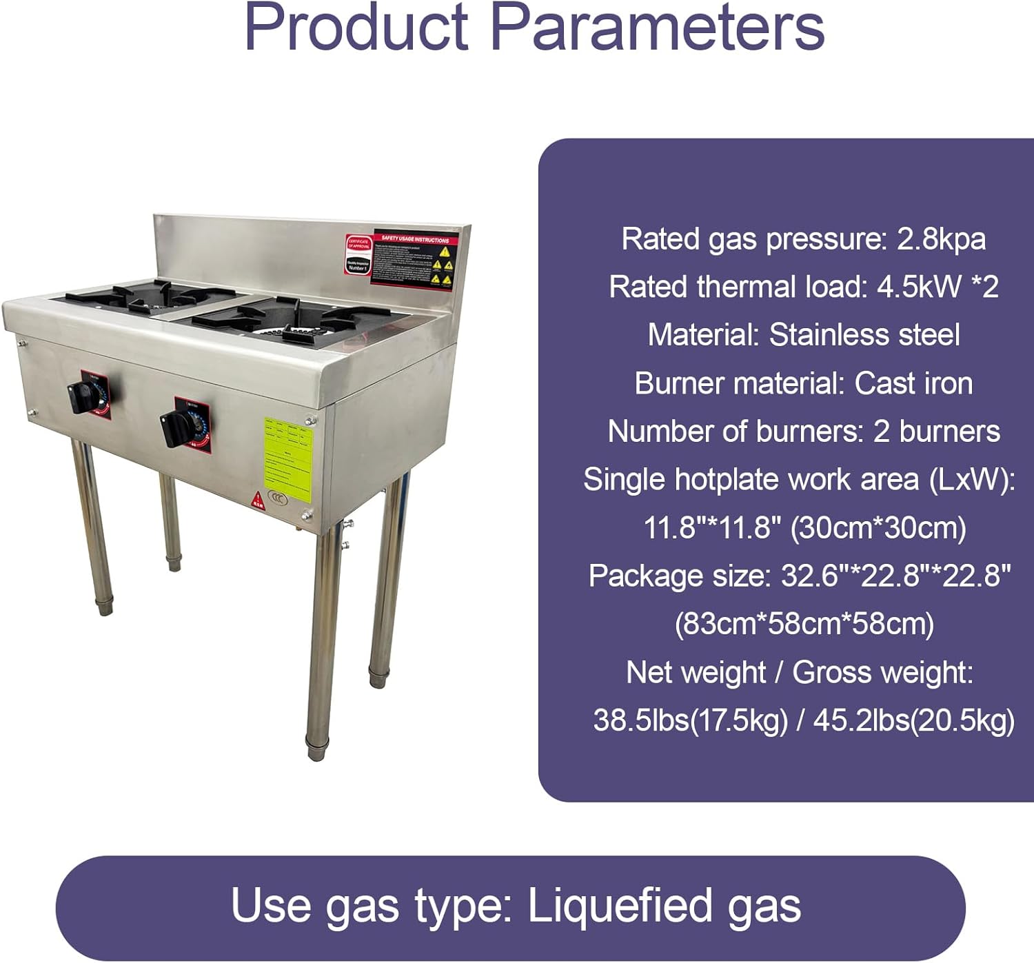 Commercial Liquefied Gas Stove, Stainless Steel Double Wok Burner, Energy Saving Double Burner Soup Cooker for Restaurant Kitchen