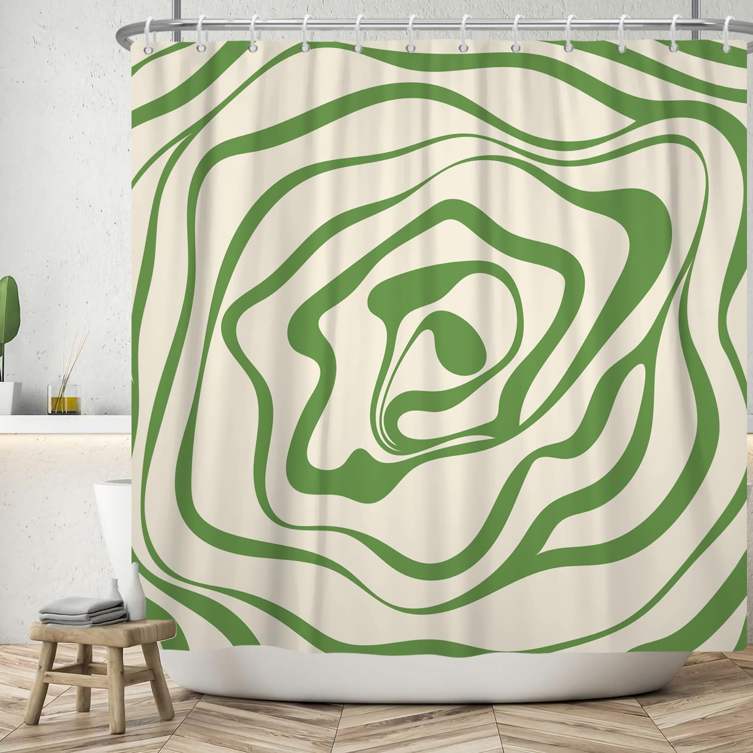 ASDCXZ Shower Curtain 150x180 cm, Modern Simplicity Green Beige Irregular Wave Pattern Bath Washable Shower Curtains Polyester Textile Waterproof Bath Curtain for Bathtub with 10 Hooks — image 1