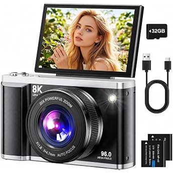 Digital Camera 8K 96MP with Wi-Fi, 20X Digital Zoom, Auto Focus Camera with Anti-Shake, 3.5 Inch 180&deg; Folding Display, Compac