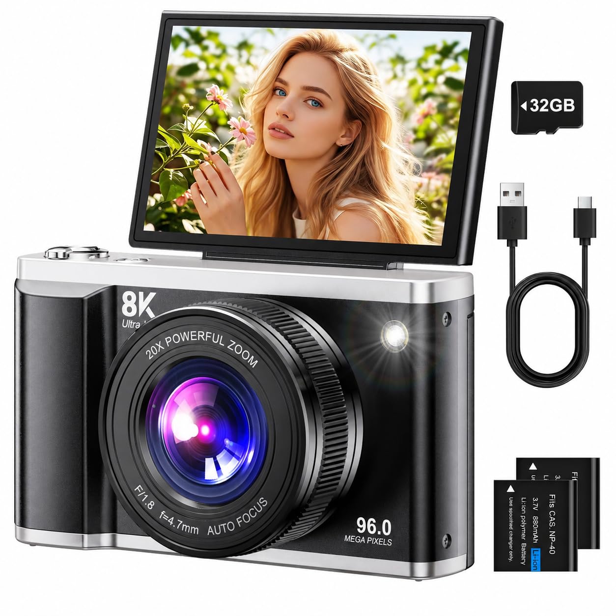Cámara Digital 8K 96MP con WiFi, Zoom Digital 20X, Cámara de Fotos con Enfoque Automático y Estabilización Anti-Shake, Pantalla Abatible de 3,5" 180°, Tarjeta SD de 32GB y 2 Baterías