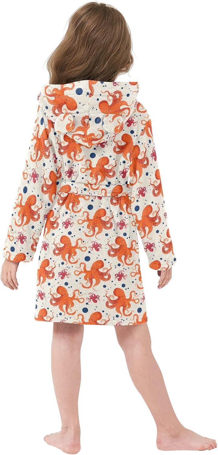 Hand Drawn Octopuses Toddler Hooded Bathrobe for Boys Girls Soft Plush Bath Towel Robe 2-12 Years