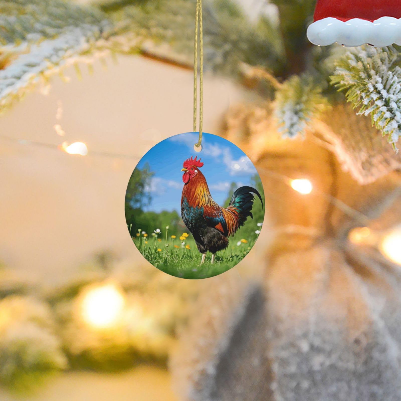 Christmas Ornaments for Christmas Tree Decoration Ceramic Hanging Rooster Ornament with Gold Ribbon Crafts Round Pendant for Keepsake Gifts Glass Xmas Decor Party Supplies