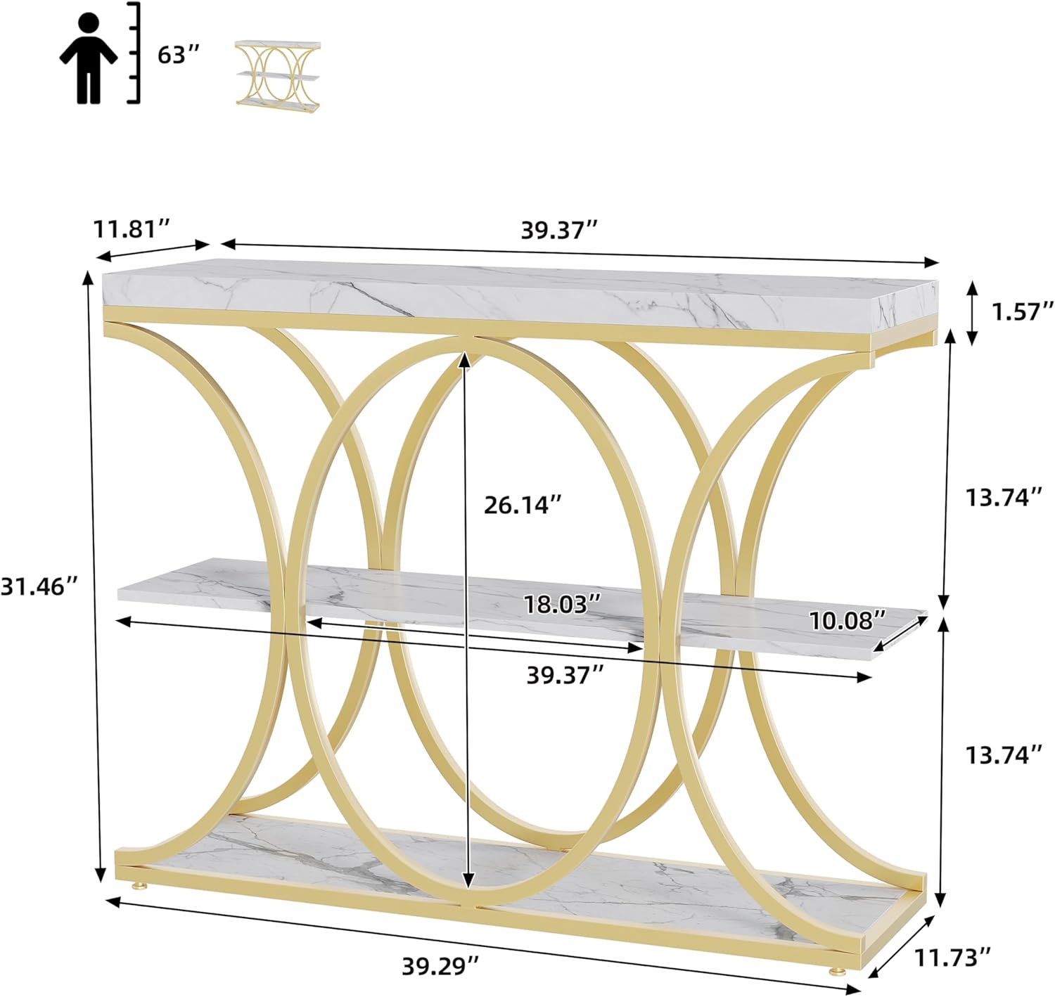 3-Tier Industrial Entryway Table with Oval-shaped Metal Frame, Open Shelf Console Sofa Table for Living Room, Hallway, Foyer Storage Accent Table with Adjustable Feet, Rustic Wood Top (White)