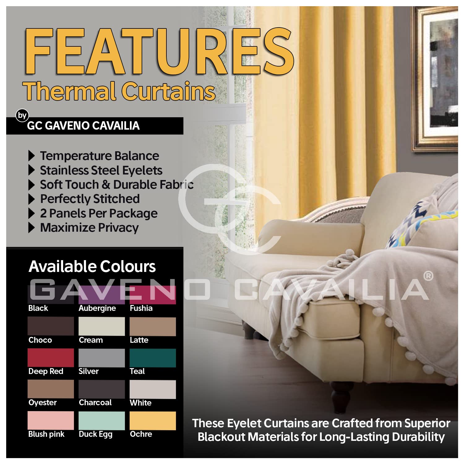 GC GAVENO CAVAILIA Eyelet Top Blackout Curtains Large Door Thermal Insulated Panels For Bedroom/Living Room, Ochre, 66X90 Inch - Image 3