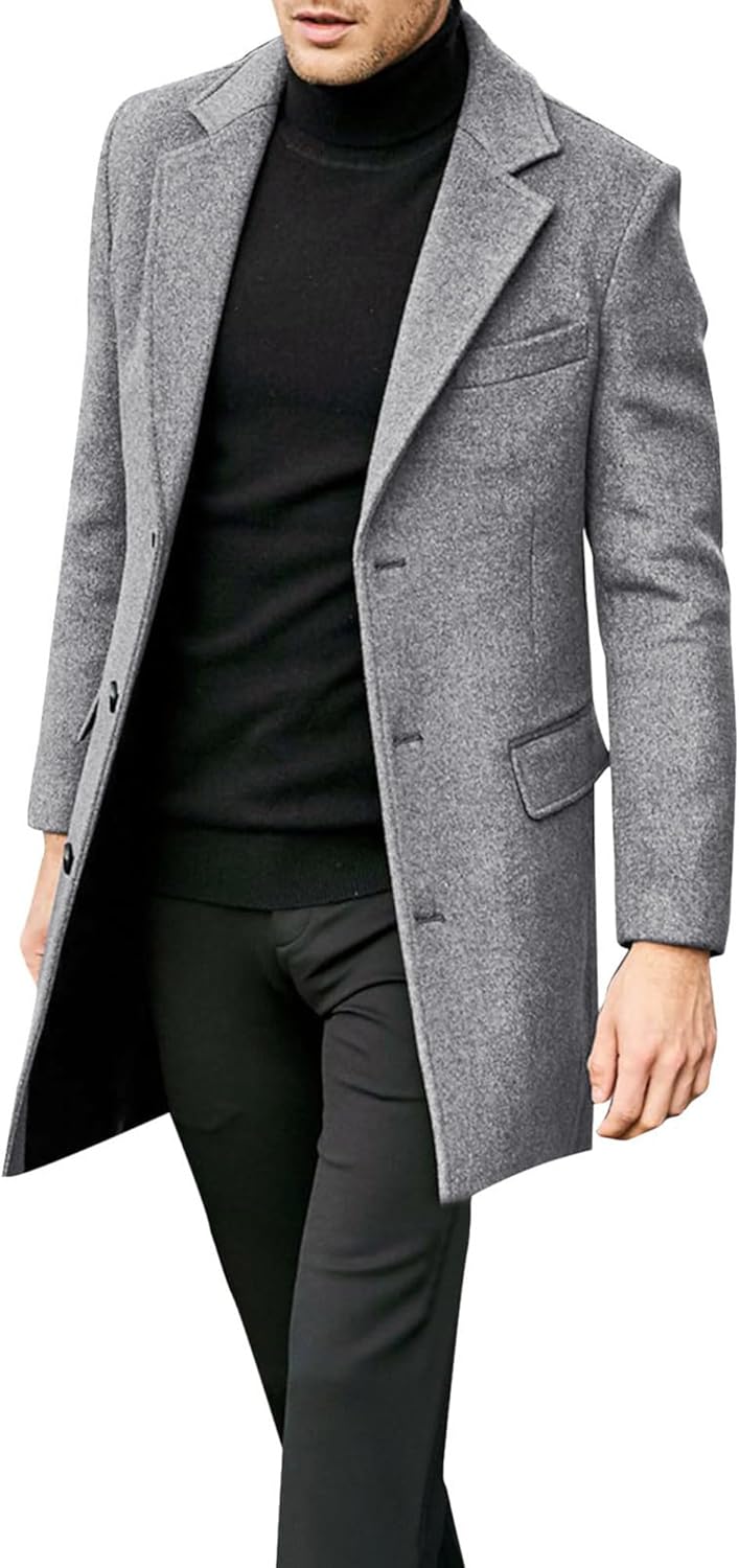 Beotyshow Mens Single Breasted Trench Coat Winter Pea Coat Notch Lapel Long Casual Overcoat - Image 3