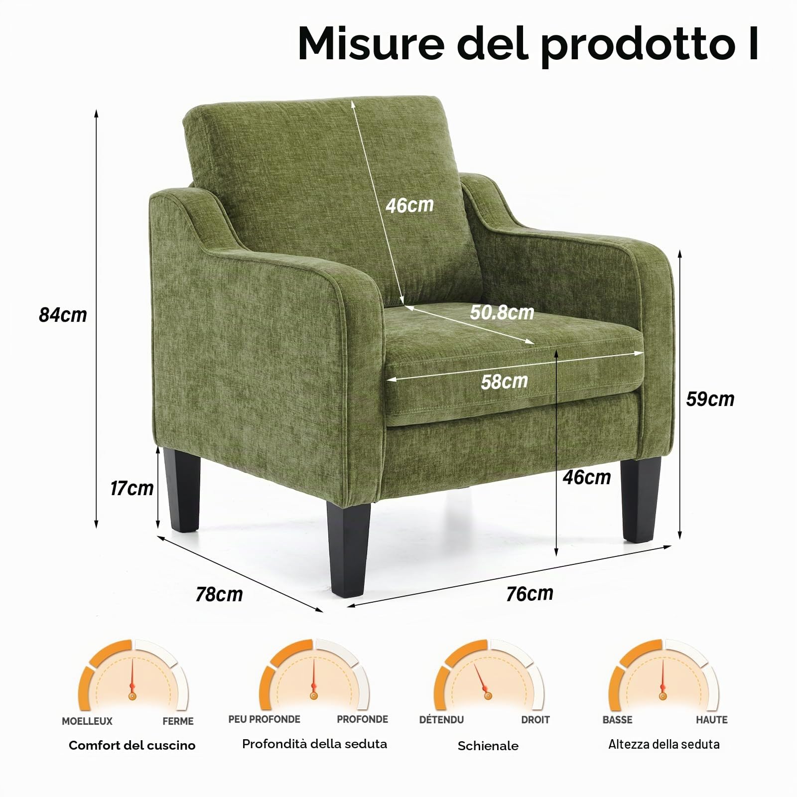 Bonnlo Poltrona Design in Tessuto Chenille, Poltrona Salotto con Gambe in Legno Massello, Poltrocina Camera da Letto per Ufficio e Soggiorno, 76 x 78 x 84cm (Verde)