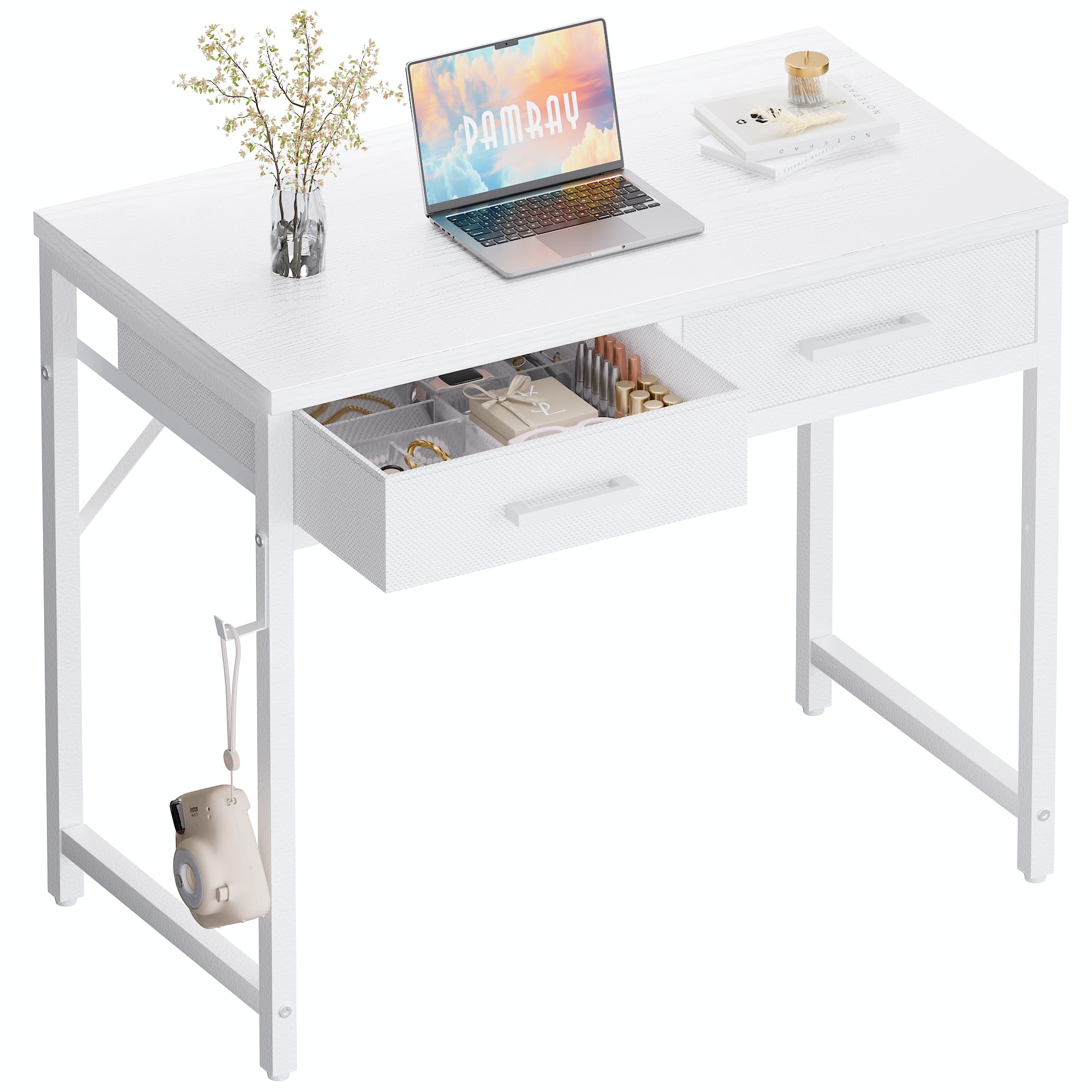 PAMRAY 80cm Small Computer Desk with 2 Drawers for Bedroom Study Writing Home Office Table for Small Spaces White