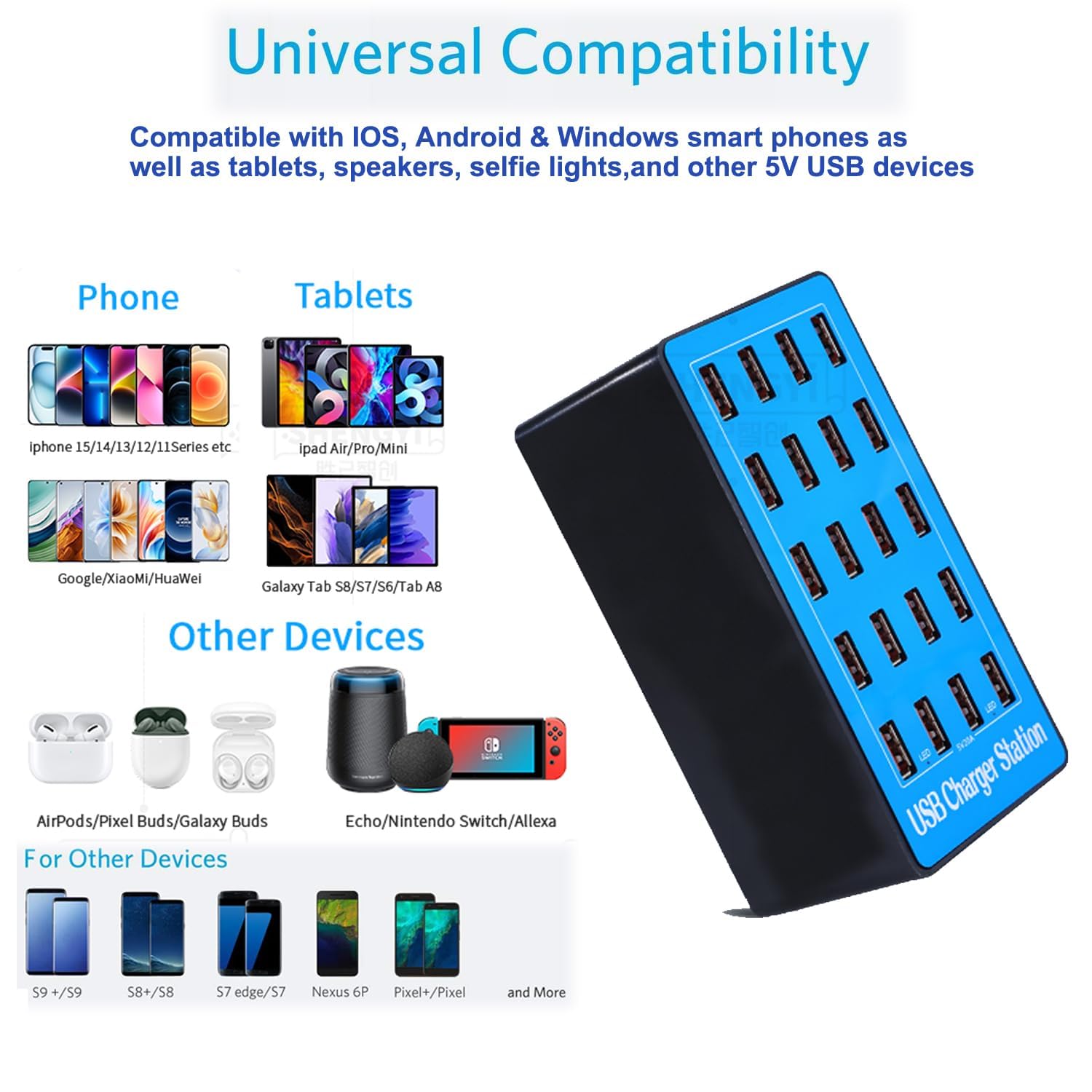 Chargeur USB 20 Ports - 100W Station de Charge Rapide pour Multiple Appareils (Smartphones, Tablettes, Montres Connectées) - Adaptateur Secteur Compact avec Technologie Intelligente