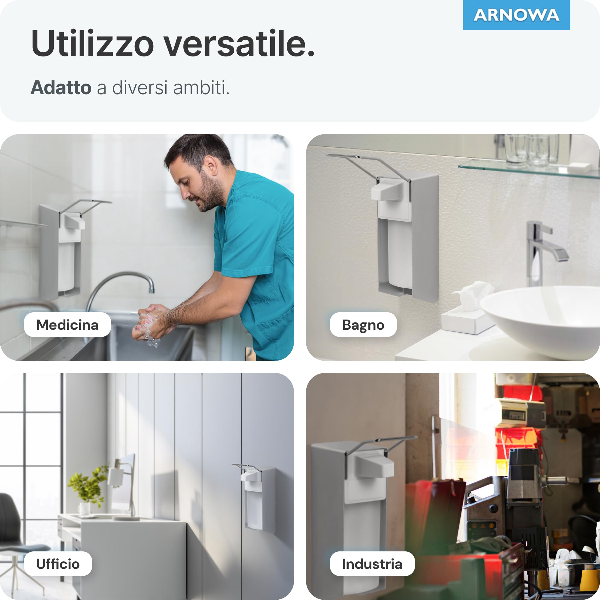 ARNOMED 4 Dispenser di sapone in alluminio, dispenser a muro gel disinfettante mani da 500ml, Euro dispenser con leva lunga, dispenser gel disinfettante mani parete, dispenser bagnoschiuma doccia