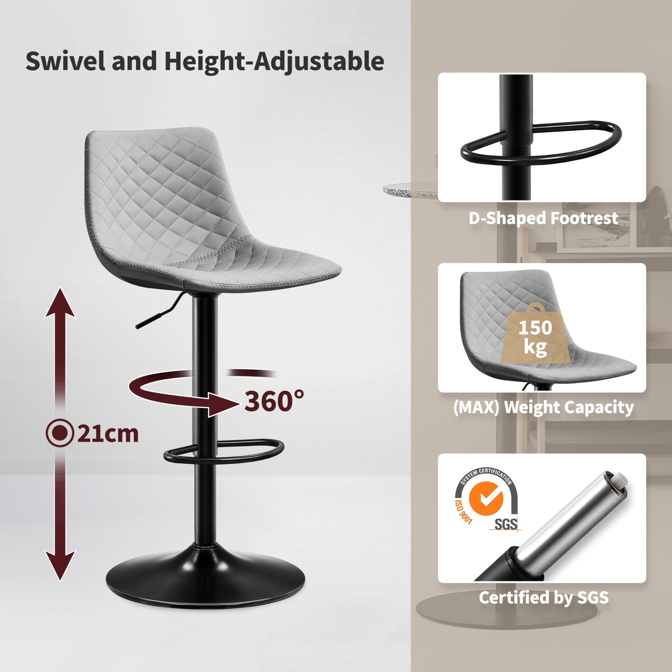 STOOLINK Chaise de Bar Lot de 2 Tabouret Bar avec Cuir Microfibre, Siège Bar Réglable pour Cuisine Chaises Bar avec Repose-Pieds pour 150kg, Convient pour Salle à Manger, Bar-Gris