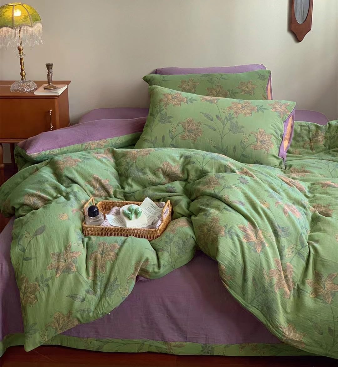 Green Duvet Cover Set Full,Lily Flower Jacquard Duvet Cover with 2 Pillowcases 3Pcs Yarn-Dyed Linen Cotton Green Purple Bedding Set for Teens Girls Without Comforter-80 x90