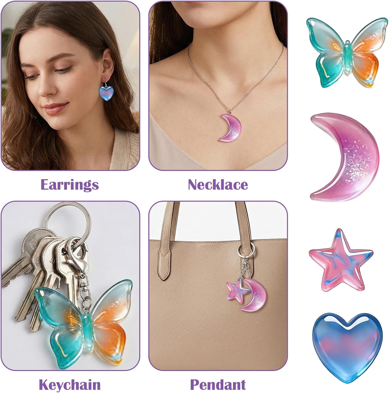 Resin Earring Molds with Holes, 4 Pcs Butterfly Star Moon Heart Resin Jewelry Molds, Reusable Silicone Mold for UV Epoxy Crafts, Earrings, Necklace, Pendants, Keychain