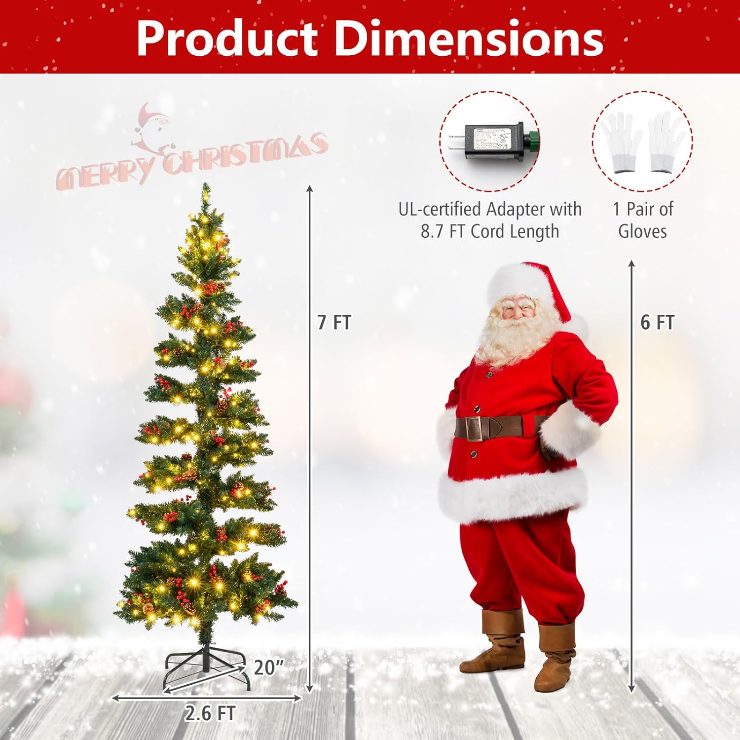 Goplus 7 FT Pre-Lit Spiral Christmas Tree, Artificial Xmas Tree with 791 Branch Tips, 220 Warm White LED Lights, 8 Modes, 60 Pine Cones, Red Berries, Metal Stand, Home Office Party Holiday Decoration