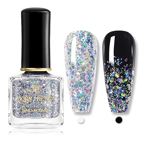 BORN PRETTY Esmalte de uñas holográfico con purpurina plateada 02fl oz