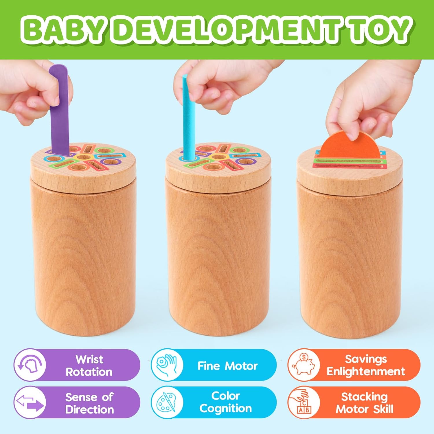 Montessori Wooden Toddler Toys， 3-in-1 Fine Motor Skills Learning Set ，Educational Color Sorting Sensory Toys for 3+ Year ， Teaches Object Permanence & Cause-Effect ，Gifts for Boys & Girls image 4