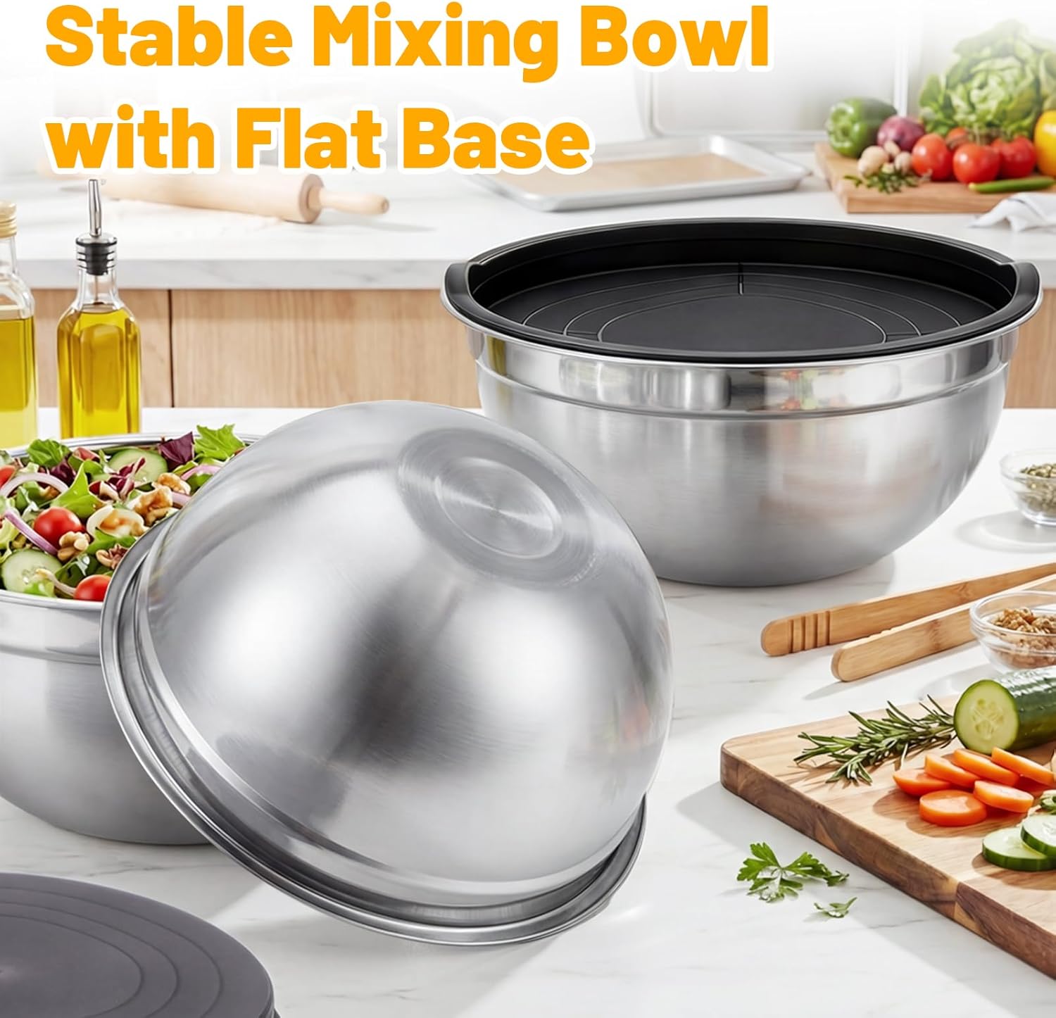Beasea Mixing Bowls with Lids Set of 5, 4 QT Metal Stainless Steel Nesting Mixing Bowls with Airtight Lids, for Baking, Dough Bread Prepping, Salad, Food Serving and Kitchen Storing