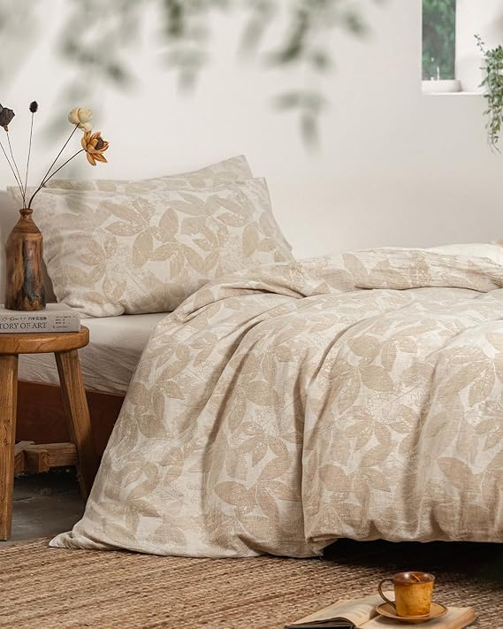 MILDLY Linen Cotton Duvet Cover - Jacquard Textured Leaves Comforter Cover Set 3pcs with Zipper Closure Breathable & Minimalist for All Season