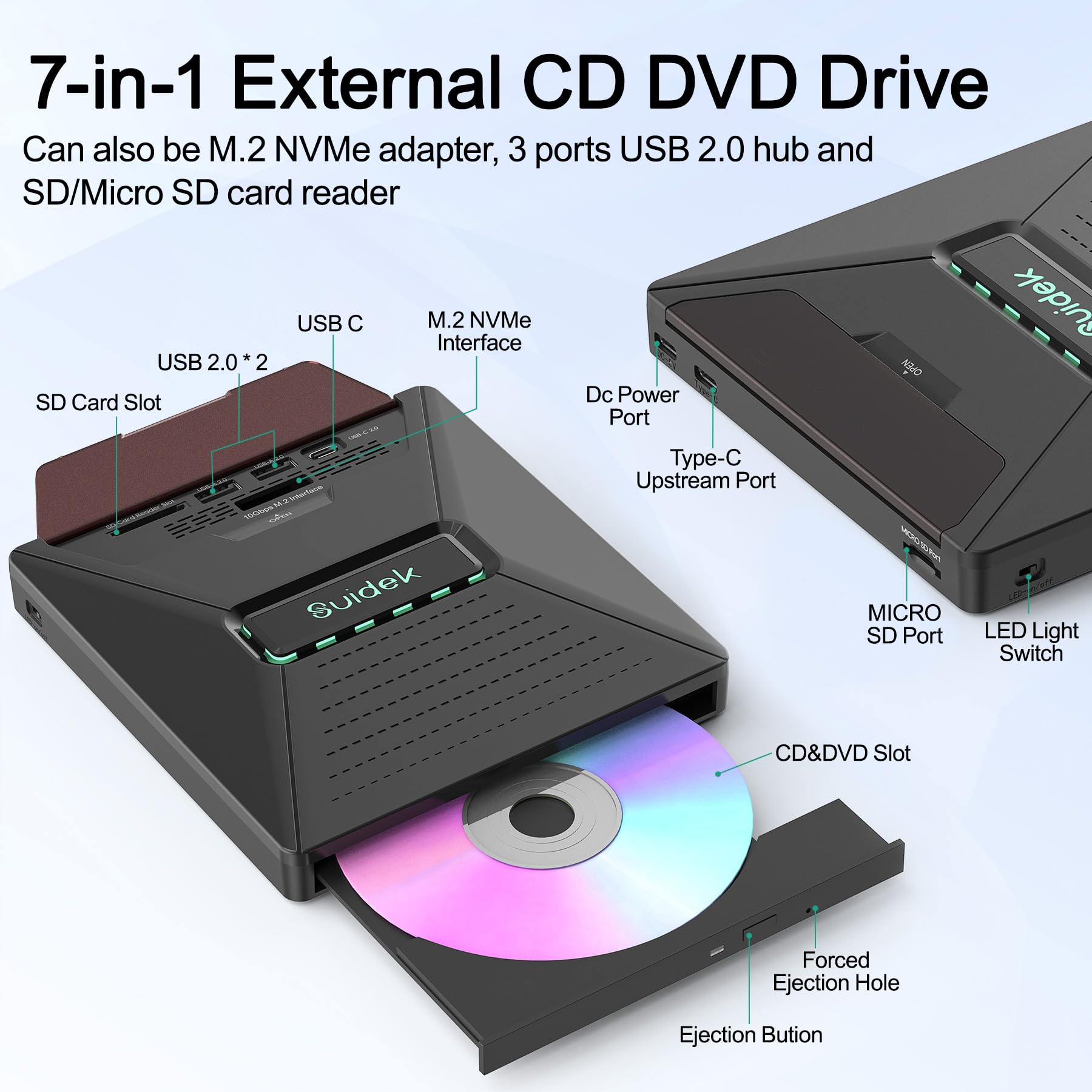 SUIDEK Zewnętrzny napęd DVD, 7 w 1 USB C, przenośny zewnętrzny napęd CD-DVD do laptopa, z czytnikiem kart M.2 NVMe/SD/Micro SD, czytnik CD/DVD do laptopów/Windows/Linux/Vista/IMac/Macbook