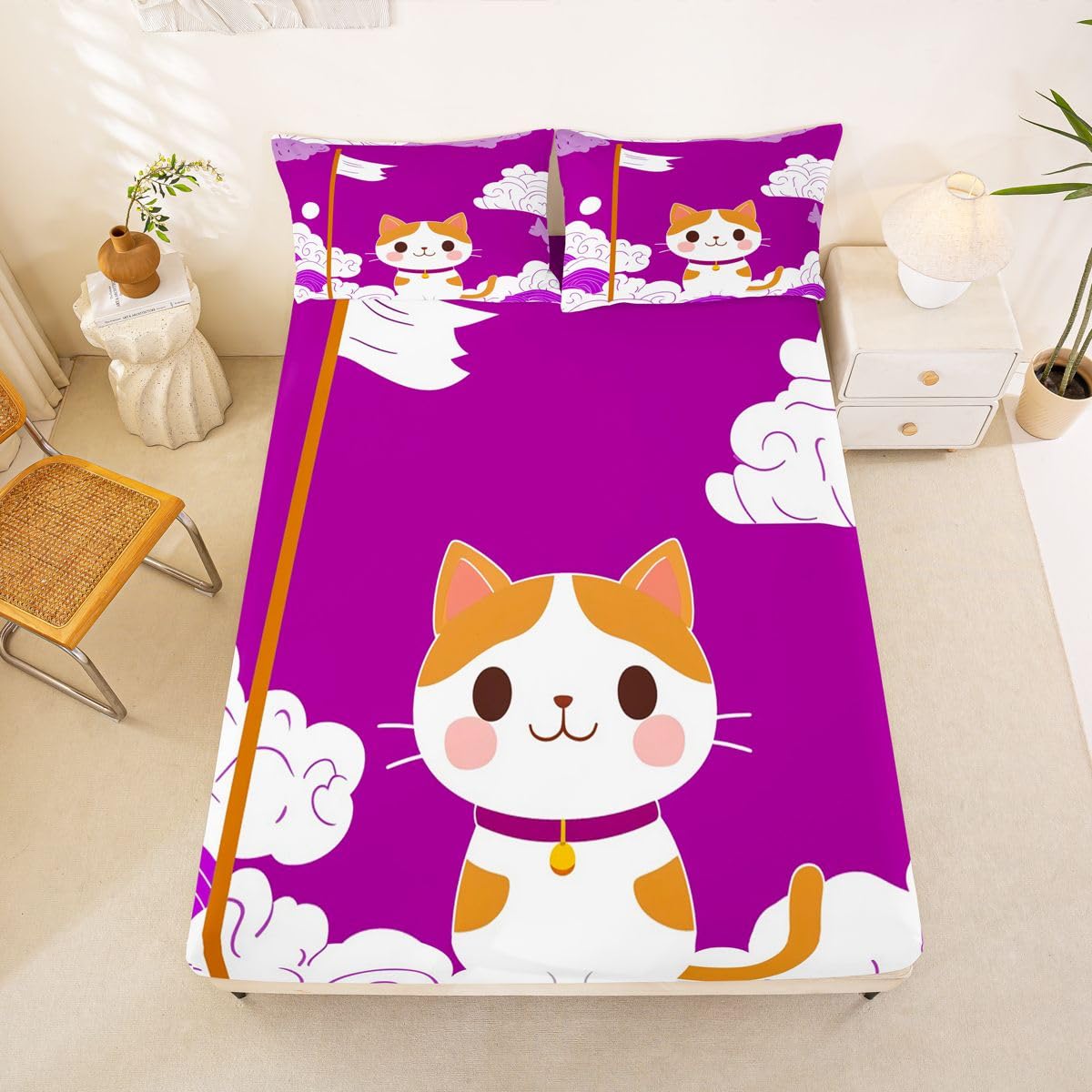 Sábana bajera ajustable de gato Kawaii tamaño King (no plana), juego de ropa de cama de 3 piezas con diseño de bandera de olas japonesas, decoración de habitación de niños y mujeres, sábana de