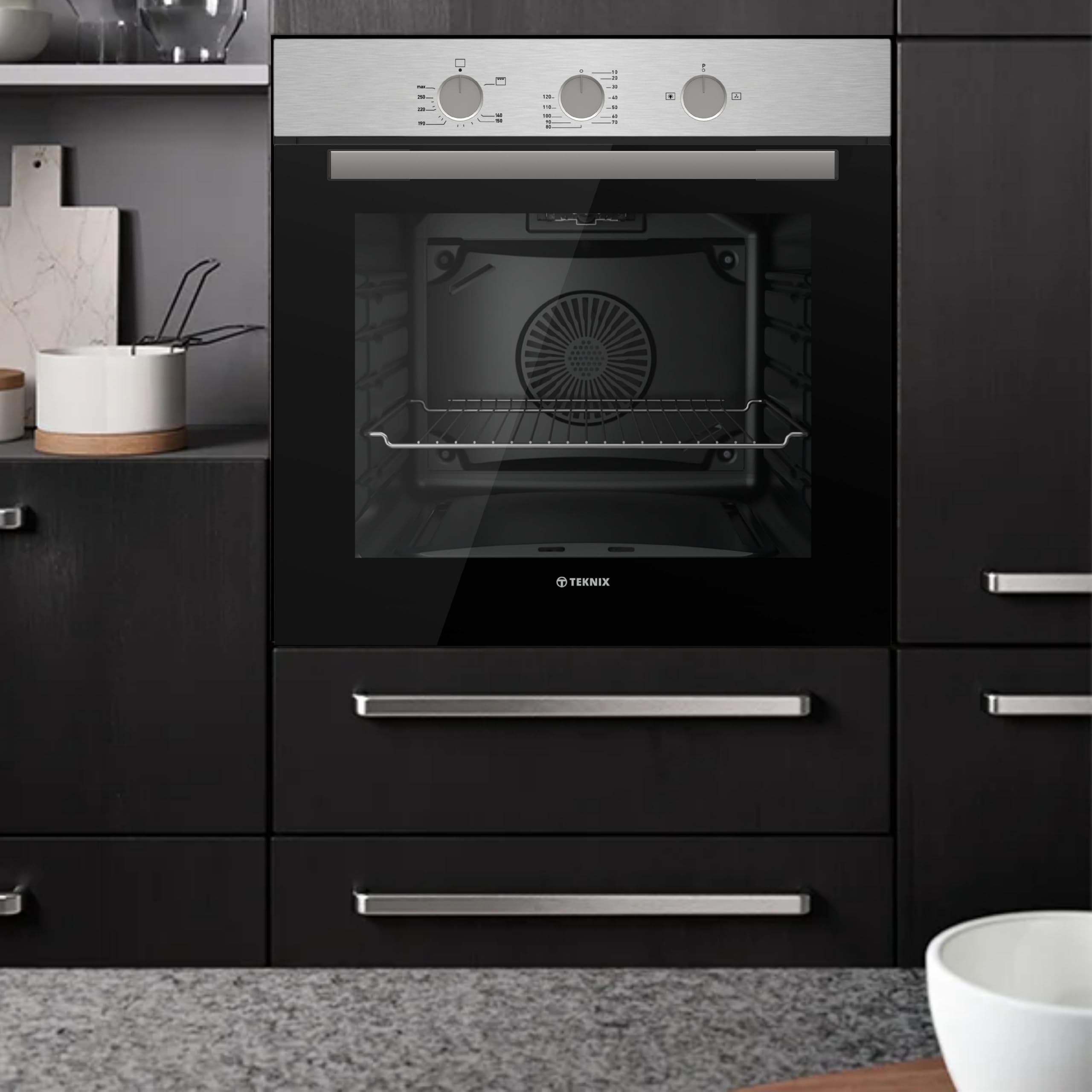 Teknix BITK263GSX Four Intégré Gaz 60cm - Intégré avec une capacité de 63L - GPL Convertible - Minute Minder Mécanique - Double vitrage - Acier inoxydable, L59,5 x H59,5 x P55,0 cm