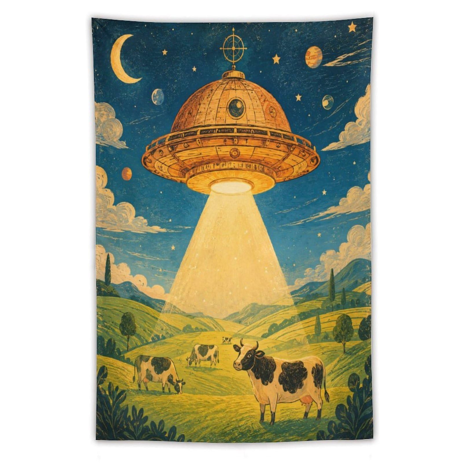 H3B8U2Y5 UFO Cattle Green Pasture Wall Tapestry, Oil Painting, Retro Sci Fi