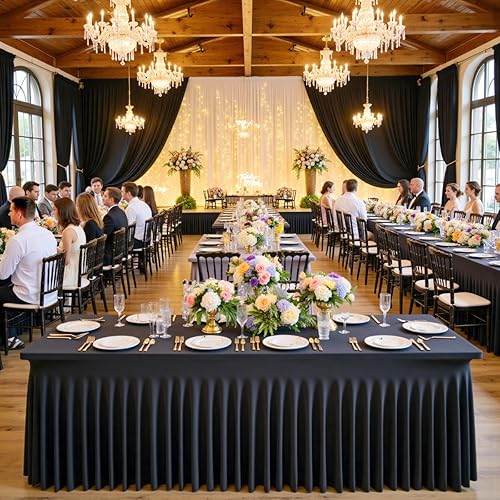 Miniatura 7 de Paquete de 6 manteles de elastano negro para mesas rectangulares de 8 pies, falda de mesa negra ajustable de 8 pies para bodas, manteles sin arrugas