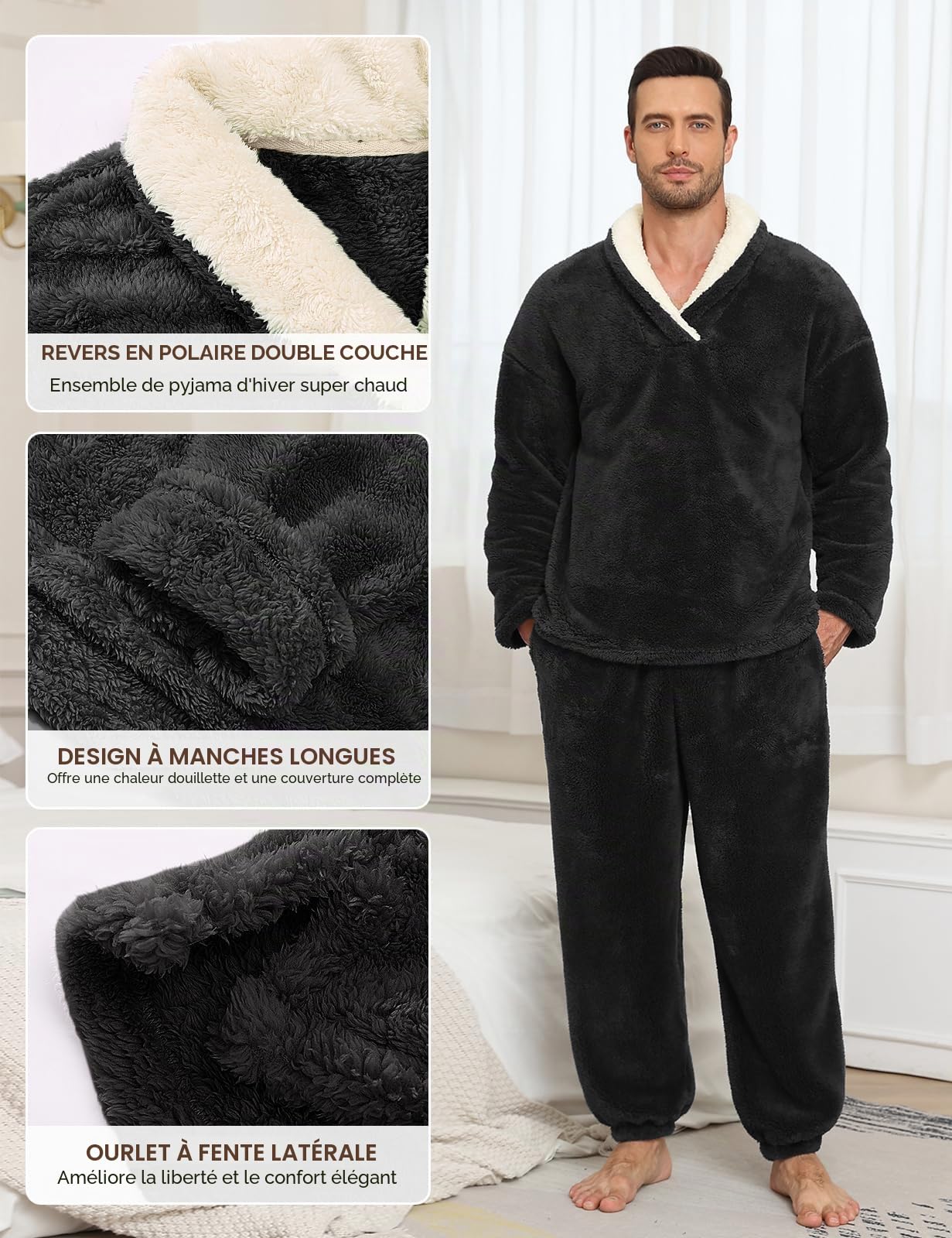 Voqeen Pyjama Homme Hiver en Duvet d'oie 2 Pieces Pijamas Homme Pyjama à Manches Longues en Laine Polaire Douce et Chaude pour La Maison