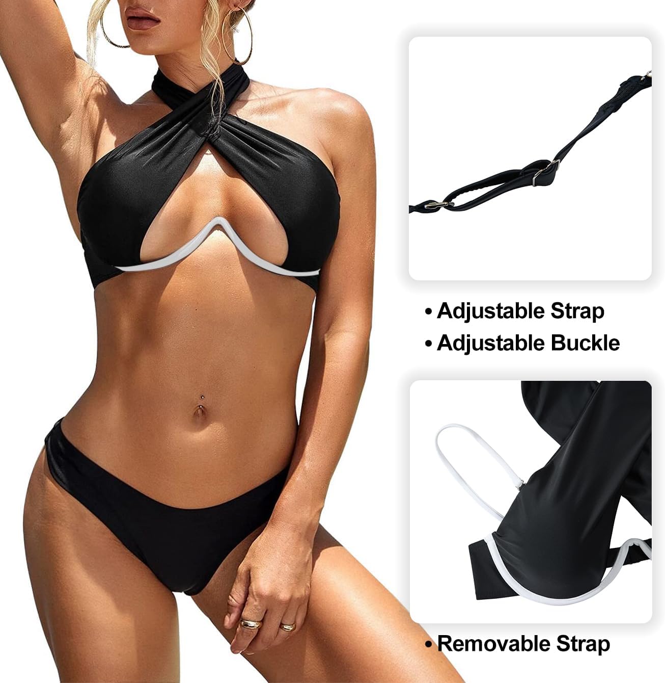 Lilosy Sexy Cute Underwire Cutout Halter Bikini Swimsuit Set Women Criss Cross Bathing Suit 2 Piece
