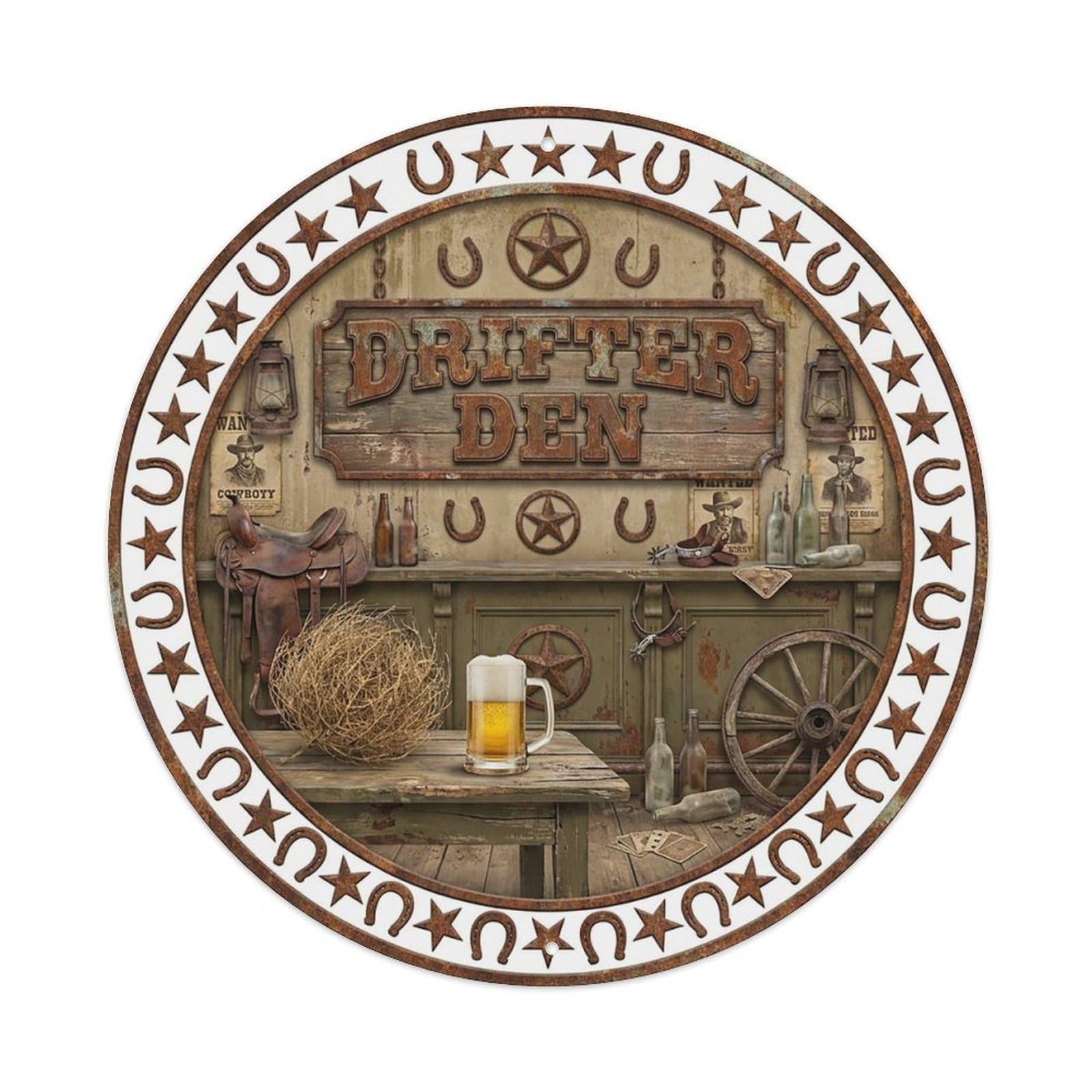 Vintage Beer Western Cowboy Drifter Den Retro Bar for Pub Vintage Metal Tin Sign Plaque Wall Decor for Cafe, Club Bar, Office, Garden Metal Poster 8x8Inch