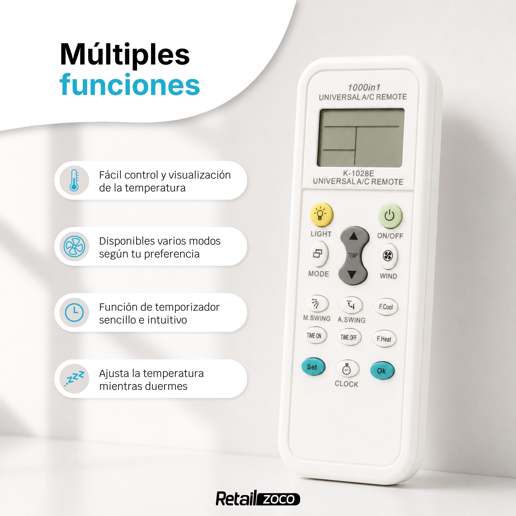 Mando Universal para Aire Acondicionado, Mando Distancia are Acondicionado, K-1028E, 1000 en 1 A/C Control Remoto LCD Digital, Compatible con hasta 1000 marcas de aire acondicionado - imagen 3